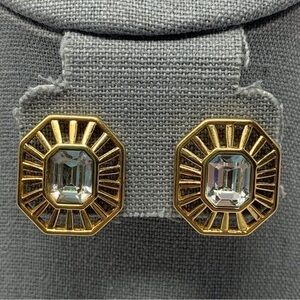 Vintage Monet Gold Tone Rectangular Framed Large Stud Earrings Clear Rhinestone